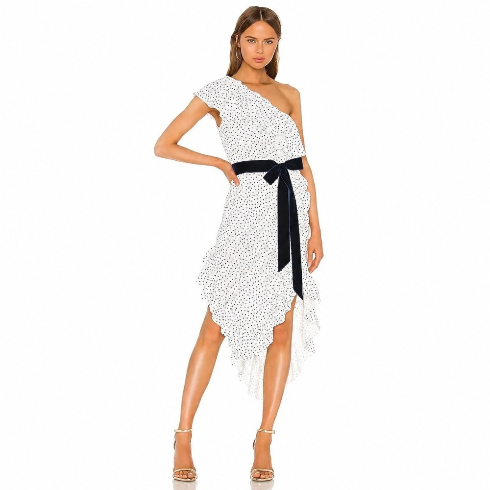 Marianna Senchina One Shoulder Ruffled Polka Dot Party Dress White Black Small